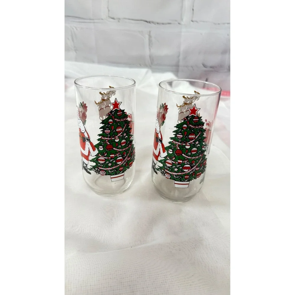 Vintage Christmas Santa Claus Reindeer Tree Drinking Glasses Set of 2 Tumblers